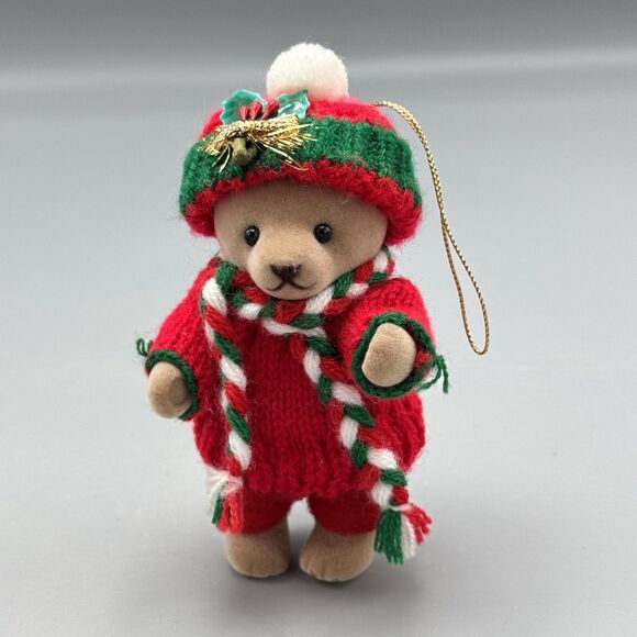 Vtg Flocked Articulated Teddy Bear Sweater Outfit Christmas Ornament 5" T READ - Picture 8 of 8